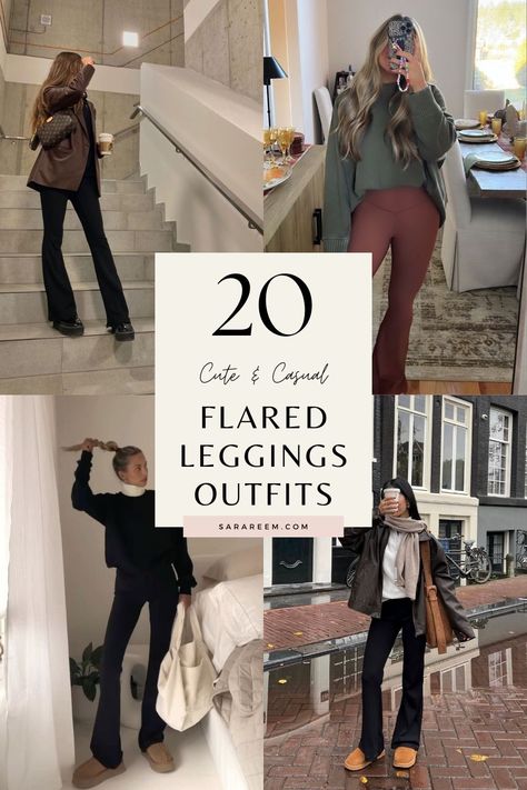 Looking for stylish and cozy flared leggings outfit ideas? Flared leggings are perfect for creating comfy yet cute looks this fall and winter 2024! Whether you're going for a casual vibe, something more chic, or layering up for colder days, these outfit ideas will keep you looking effortlessly stylish all season long. From cozy sweaters to trendy jackets, get inspired with these easy-to-wear outfit combos. Save this pin for all the outfit inspo you need! #FlaredLeggingsOutfit #OutfitIdeas Fall Sweater Legging Outfits, Comfy Fall Outfits Work, Outfits With Wide Leg Leggings, Flare Pants And Cardigan Outfit, Stretchy Flare Pants Outfit, Knit Flare Pants Outfits, Sweater And Yoga Pants Outfit, Lululemon Flared Leggings Outfit, Flare Legging Fall Outfits