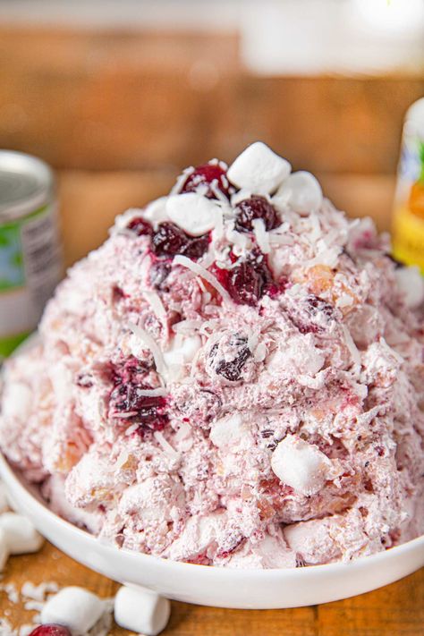 Creamy Cranberry Salad is a easy, old-fashioned holiday recipe, with canned cranberry sauce, pineapple, coconut and marshmallows. | #dessert #thanksgiving #christmas #holidays #cranberry #dinnerthendessert Cranberry Salad Recipes, Cranberry Fluff, Cranberry Fudge, Cheese Curd, Easy Cranberry Sauce, Canned Cranberries, Jellied Cranberry Sauce, Canned Cranberry Sauce, Cranberry Salad