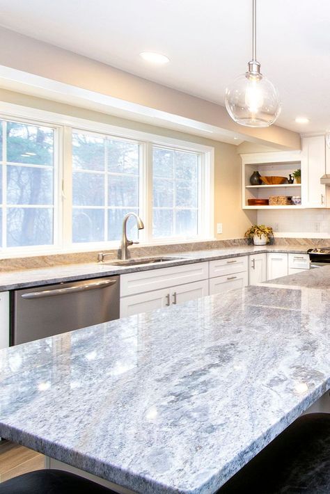 Kitchen island in River Blue Marble. #kitchen #kitchenisland #countertops Blue Countertops, Blue Granite Countertops, Marble Granite Countertops, Marble Kitchen Island, Marble Countertops Kitchen, River Blue, Blue Granite, Marble Kitchen, Island Countertops