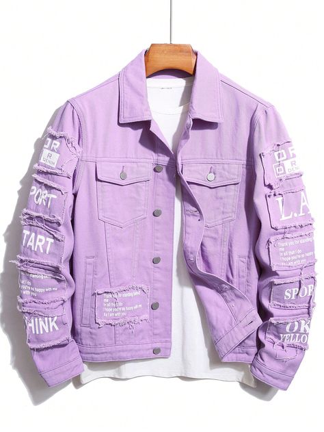 Mauve Purple Casual Collar Long Sleeve Denim Slogan Other Embellished Non-Stretch  Men Clothing Mens Boutique, Men's Boutique, Coat For Fall, Casual Denim Jacket, American Denim, Denim Chic, Denim Jacket Men, Denim Details, Brand Story