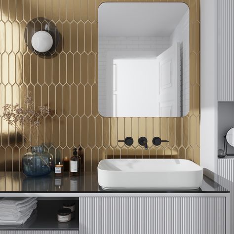 Hexagon Tile Shower Wall, Picket Tile, Finish Basement, Subway Tiles Bathroom, Gold Tile, Gold Palette, Bathroom Shower Tile, Shower Surround, Subway Tiles