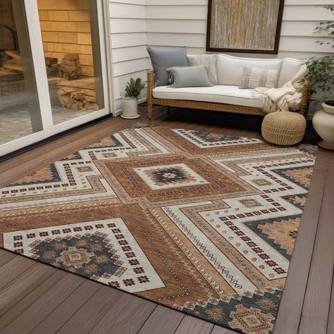 Machine Washable Indoor/ Outdoor Global Boho Chantille Rug - Bed Bath & Beyond - 40794228 Rustic Living Room Rug Ideas, Cabin Style Home Decor, Brown Outdoor Rug, Sourhwestern Rug, Cabin Area Rug, Urban Country Decor, Montana Style Decor, Boho Washable Rugs, Apartment Livingrooms Design Ideas