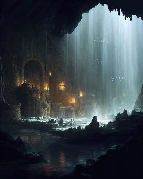 Oknice Art on Instagram: "Cavern Stronghold - hear the war horns and drums coming from deep within the stronghold - #photoshop #photobash #mattepainting #midjourney #digitalart #digitalpainting #procreate #painting #conceptart #illustration #conceptdesign #environments #adventure #explore #fantasy #fantasyart #fantasypainting #mood #cavern #cave #colony #mountain #waterfall #lake #pond #ruins #architecture #lost #nature #lotr" Stronghold Fantasy Art, Cave World Fantasy Art, Cave Temple Concept Art, Cave Village Concept Art, Cave Waterfall Art, Underwater Cavern Fantasy Art, Mountain Cave Fantasy Art, Fantasy Cavern Art, Waterfall Cave Fantasy Art