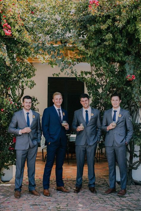 Shades Of Blue Groomsmen Suits, Blue Groom Suit Grey Groomsmen, Mens Blue Tux Wedding, Blue And Grey Groomsmen Attire, Shades Of Blue Bridal Party, Groomsmen Outfits Blue, Shades Of Blue Groomsmen, Dark Blue Groomsmen Suits, Groomsmen Blue Suit