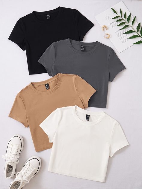 4pack Solid Crop Tee | SHEIN USA Pakaian Crop Top, Korean Fashion Blouse, Basic Crop Top, Crop Top Outfits, Cropped Tops, Round Neck Tops, Top Fabric, Crop Tee, Outfit Inspirationen