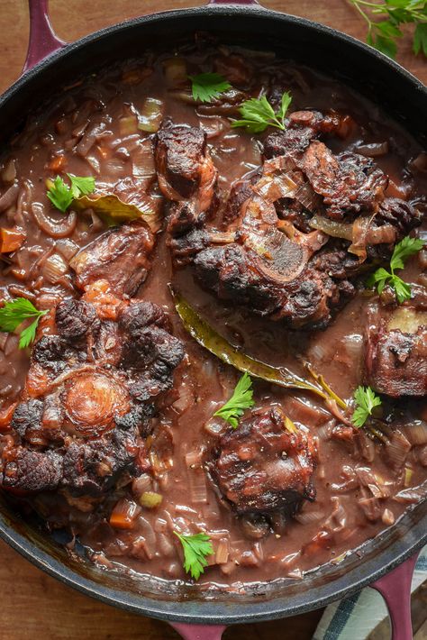 French Style Braised Oxtail (Queue de Boeuf aux Carottes) - Pardon Your French Oxtail Recipes Easy, French Cuisine Recipes, Oxtail Recipe, Braised Oxtail, Oxtail Stew, Oxtail Recipes, Veal Recipes, Red Wine Sauce, French Dishes