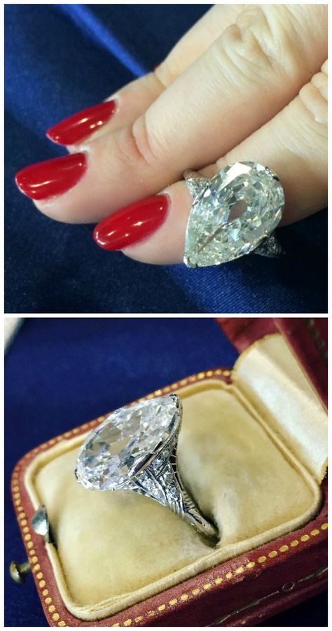 A glorious antique engagement ring from Jogani with a 5 carat pear cut diamond in a filigree-adorned setting. Box Mirror, Silver Claddagh Ring, Antique Engagement Ring, Pear Cut Diamond, Pear Engagement Ring, Antique Engagement, Jewelry Show, Jewelry Images, Antique Engagement Rings