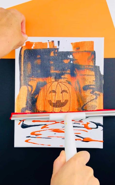 Halloween Squeegee Paint Art - Magical Halloween Art for Kids! 2nd Grade Halloween Art Projects, Easy Halloween Art Projects For Kids, Halloween Elementary Art, Halloween Painting Crafts, Paint Projects For Kids, Halloween Art Projects For Kids, Halloween Art For Kids, Squeegee Art, Squeegee Painting