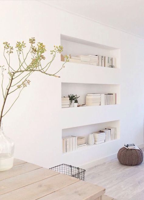 Recessed Sheetrock shelves but put tile or glass on shelf for easy dusting. Hus Inspiration, House Projects, A Living Room, Design Case, Contemporary Decor, Home Fashion, 인테리어 디자인, House Inspiration, Design Interior