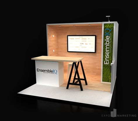 This custom 10x10 trade show booth includes puck lighting, faux green wall panel, 3D letters, custom reception desk, and TV monitor. Meet new clients in this inviting custom booth! All elements can be customized to fit your branding. View more of our designs in our portfolio! Tradeshow Booth Design 10x10, Display Stand Design Ideas, Convention Booth Design, Expo Booth Design, Booth Design Ideas, Convention Booth, Stand Pameran, Event Booth Design, Expo Stand