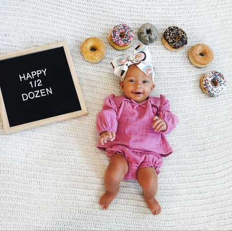 Half dozen donut photoshoot Halfway To One Photoshoot Babygirl, 6 Months Baby Girl Photoshooting Ideas, Half A Dozen Photoshoot, Baby Girl 6 Month Birthday Ideas, Donut Half Birthday Pictures, Happy Half Dozen 6 Months, Girl 6 Month Shoot, 6 Month Girl Photoshooting Ideas, 6 Month Baby Girl Photoshooting Ideas