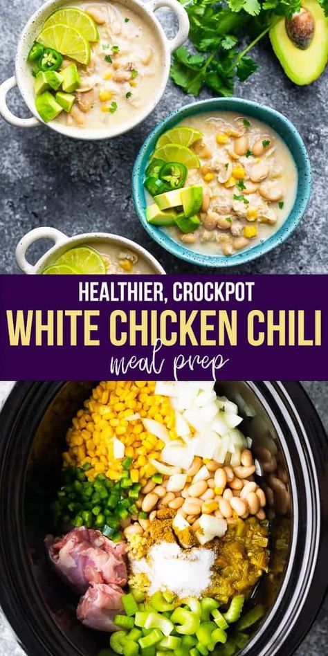 Healthier White Chicken Chili, White Chicken Chili Crockpot Recipes Healthy, Healthier Crockpot Meals, Crock Pot Healthy, Mealprep Freezer, Slow Cooker White Chicken Chili, Chili Healthy, Chili Crockpot, White Chicken Chili Slow Cooker