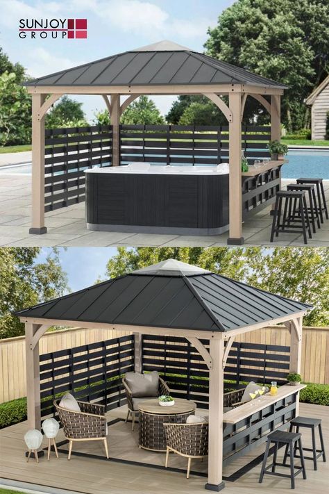 What can you do with an outdoor gazebo kit? As a decoration for a backyard? Use as a hot tub gazebo kit? Remodel it as a backyard bar? Or just put some cozy sofa & chair in as a ordinary gazebo? Sunjoy gazebo has the answer for you.🌺 Colorful Patio Decorating Ideas, Colorful Patio Decor, Modern Gazebo, Hot Tub Gazebo, Colorful Patio, Outdoor Gazebo, Outdoor Patio Designs, Backyard Gazebo, Backyard Pavilion