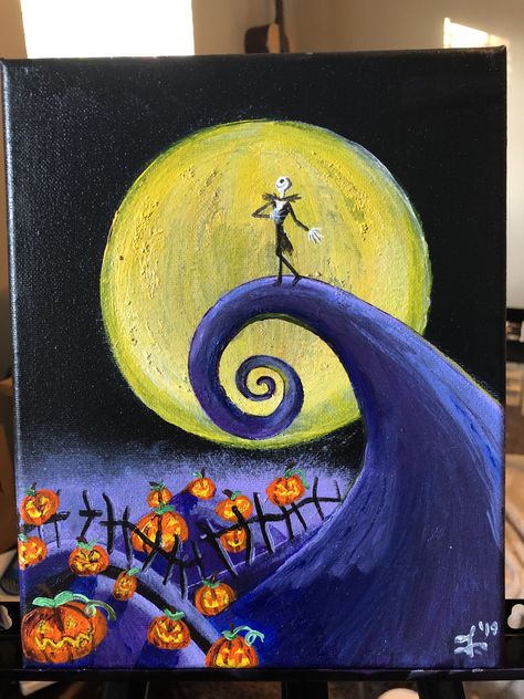 The Night Before Christmas Paintings, Nightmare Before Christmas Pallet, Night Mare Before Christmas Paintings, Christmas Painting Aesthetic, Nightmare Before Christmas Painting Easy, Nightmare Before Christmas Painting Ideas, The Nightmare Before Christmas Art, Nightmare Before Christmas Spiral Hill, 90s Painting Ideas