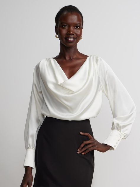 Long Sleeve Satin Cowl Neck Top | New York & Company Cowl Neck Long Sleeve, Cowl Neck Top, Satin Top, Look Your Best, White Satin, White Long Sleeve, Neck Designs, Long Tops, Cowl Neck