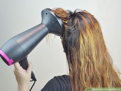 3 Ways to Use a Hair Diffuser - wikiHow How To Diffuse Straight Hair, Diffusing Straight Hair, How To Use A Diffuser On Straight Hair, Diffuser On Straight Hair, Scrunched Hair, Blow Dryer Diffuser, Hair Dryer Diffuser, Dry Frizzy Hair, Hair Diffuser