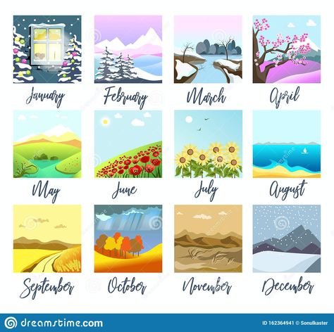 Nature landscapes, four seasons months calendar isolated icons. Illustration about poppy, icon, field, leaf, blossom, month, calendar, snowfall, scenery, autumn, road - 162364941 Calendar Design Layout, Seasons Name, Beautiful Paintings Of Nature, Illustration Calendar, Season Calendar, Seasons Months, Landscape Calendar, Calendar Vector, Weather Seasons