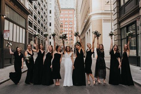 Raise your hand if you're loving these mismatched black bridesmaid gowns as much as we are! | Image by Jonnie + Garrett Long Black Bridesmaid Dresses, Black Bridesmaid Dress Mismatched, Dresses Long Black, Black Bridesmaid Dresses Long, Black Bridesmaid, Bridesmaid Dresses Long, Stunning Bridesmaid Dresses, Downtown Wedding, June Bug