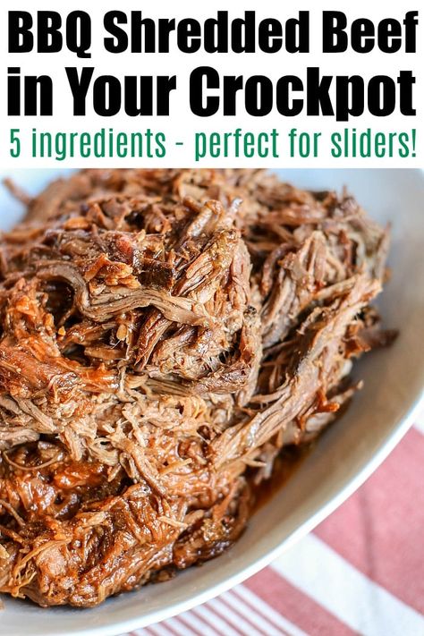 Crockpot bbq beef using chuck roast or another cut creates tender shredded beef in your slow cooker. Pile it on buns for sliders, or pulled beef sandwiches. #crockpotrecipes #pulledbeef #bbqbeef #slowcooker #crockpot #beef #chuckroast Bbq Beef Crockpot, Pulled Beef Sandwiches, Crockpot Shredded Beef, Slow Cooker Bbq Beef, Bbq Beef Sandwiches, Pot Roast Crock Pot Recipes, Bbq Chicken Crockpot, Pulled Beef, Vegetarian Crockpot Recipes