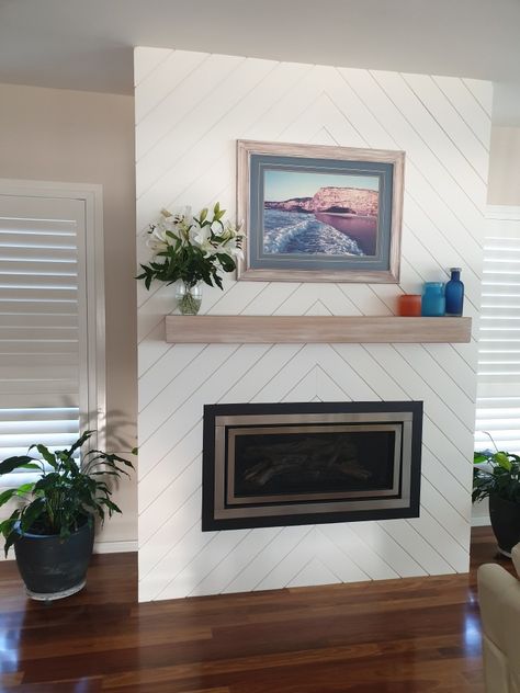 Chevron Shiplap Fireplace, White Oak Mantle, White Shiplap Fireplace, Chevron Fireplace, Fireplace Electric, Oak Mantle, Future Decor, Flowers And Vases, Pale Oak