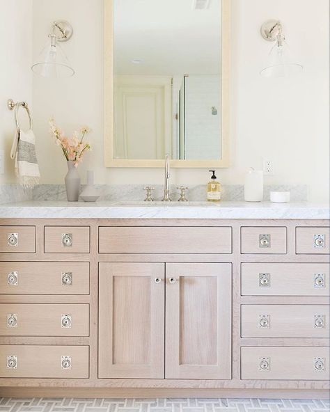 Bleached white oak vanity, marble countertop, marble mosaic floor, creamy white walls, polished nickel hardware Cove Remodel Studio Mcgee, Country Bathroom Decor, Transitional Decor Bathroom, Country Bathroom, Transitional Bathroom, Shabby Chic Bathroom, Home Luxury, 아파트 인테리어, Chic Bathrooms