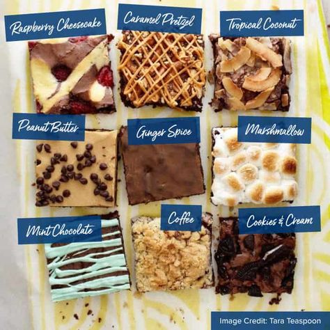 Brownies Flavor Ideas, Cute Brownies Ideas, Desserts For Business, Different Brownies Ideas, Brownie Flavors Ideas, Different Brownie Flavors, Brownie Business Ideas, Bakery Sample Box Ideas, Brownie Toppings Ideas