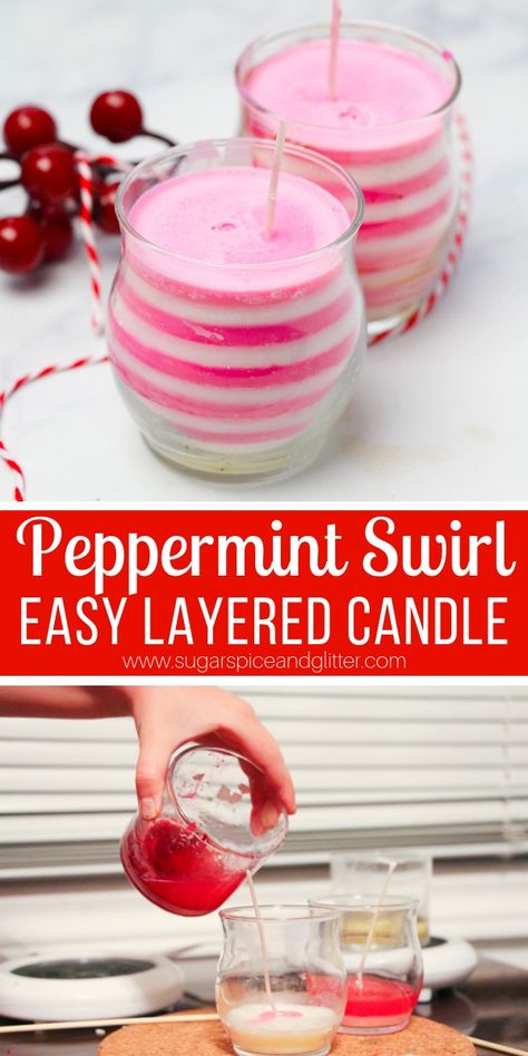 How to make a peppermint swirl candle - with kids! This easy homemade Christmas gift smells amazing and is super easy to make with just a few inexpensive materials How To Make Swirl Candles, Candy Cane Candles Diy, Christmas Candle Diy Ideas, Peppermint Candles Diy, How To Make Candle Wax Melts, Diy Christmas Candles Gift, Making Christmas Candles, Diy Candles Christmas, Christmas Candle Ideas