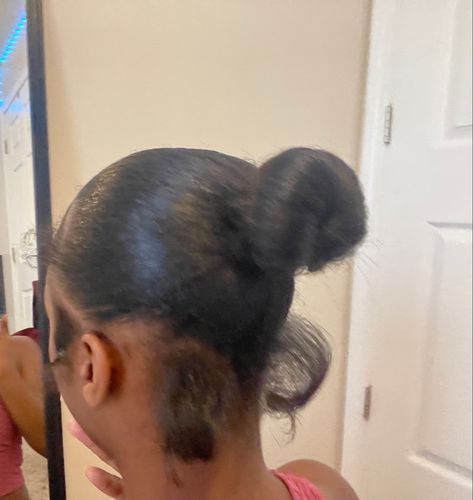 Flat Iron 4c Hair Natural Short, Low Bun 4c Hair, Fake Bun Hairstyles, Slick Back 4c Hair, Relaxed 4c Hair, 4c Hair Bun, Short Flat Ironed Natural Hair Black, Bun 4c Hair, 4c Bun