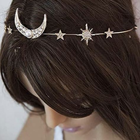 Moon Headband, Gold Wedding Hair Accessories, Gold Hair Accessories Wedding, Moon Accessories, Chain Headpiece, Art Deco Hair, Hair Chains, Star Headband, Headpiece Jewelry