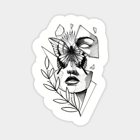 Shattered Face Tattoo, Broken Face Tat, Face With Butterfly Drawing, Butterfly And Face Tattoo, Butterfly With Face Tattoo, Doll Head Tattoo, Broken Butterfly Wings, Broken Butterfly, Insect Tattoos