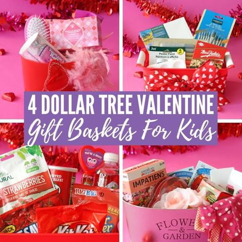 4 Dollar Tree Valentine Gift Basket Ideas for Kids that are fun, creative and budget-friendly. You will love these Valentine's Day Gift Baskets! #valentine #ideas #giftbasket #forkids #dollartree #onabudget #affordable #red #pink #gardener #snackfood #pamper Valentine Gift Basket Ideas, Kids Valentine Baskets, Diy Valentine's Gift Baskets, Valentine Gift Basket, Valentine Gift For Daughter, Dollar Tree Gifts, Valentines Day Baskets, Valentine Gift Baskets, Kids Gift Baskets