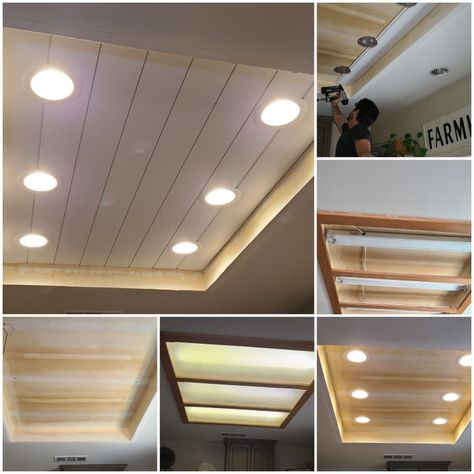 Pocket Light Ceiling, Recessed Ceiling Ideas Kitchen, Recessed Ceiling Kitchen, Florescent Light Replacement Ideas, Florescent Light Cover Kitchen, Replace Florescent Kitchen Light Ideas, Fluorescent Light Makeover, Kitchen Fluorescent Light Box Makeover, Replacing Kitchen Fluorescent Lighting