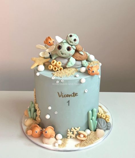 Ocean First Birthday Cake, Sea Animal Birthday Cake, Under The Sea Birthday Cake Boy, Ocean Cakes For Kids, Tropic Cake, Turtle Themed Birthday Party, Sea Animal Cake, Sea Animals Cake, Turtle Baby Shower Cake