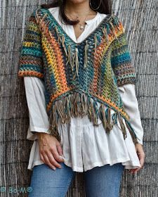 María Cielo: Crochet inspiración: poncho multicolor شال كروشيه, Multicolor Sweater, Mode Crochet, Stil Boho, Poncho Pattern, Crochet Jacket, Crochet Cardigan Pattern, Chale Crochet, Crochet Woman