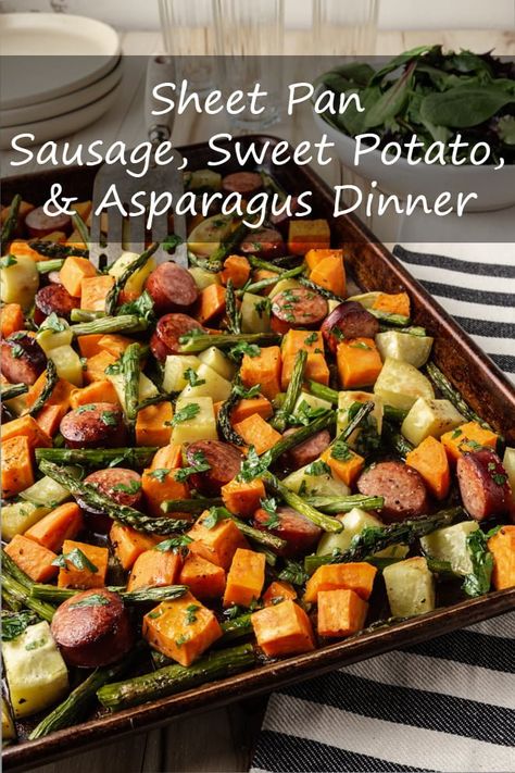 Sweet Potato Recipes For Dinner, Sausage And Sweet Potato Recipes, Potato Recipes For Dinner, Sausage And Sweet Potato, Pan Asparagus, Asparagus Dinner, Sausage Sweet Potato, Sheet Pan Sausage, Sweet Potato Dinner