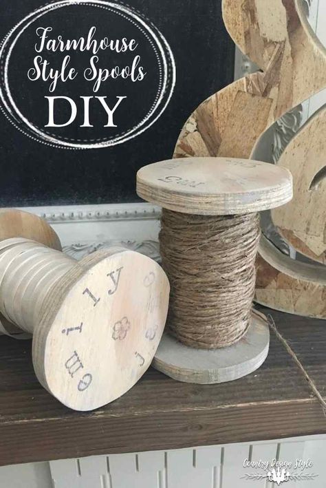 Pin this to make your own  extra large Farmhouse Style Spools to hold ribbon and twine | Country Design Style | countrydesignstyle.com Diy House Decorations, Wooden Spool Crafts, Room Country, Country Ideas, Large Farmhouse, Spool Crafts, Diy Hanging Shelves, Farmhouse Crafts, Trendy Diy