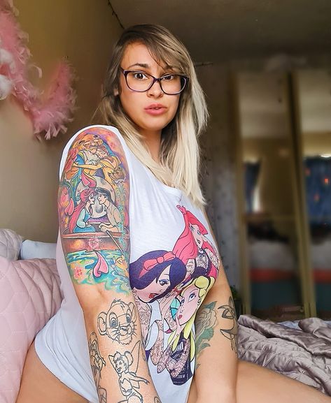 Disney Princess Sleeve Tattoo, Disney Princess Tattoo Sleeve, Disney Tattoo Sleeve, The Little Mermaid Tattoo, Mermaid Sleeve Tattoos, Little Mermaid Tattoo, Belle Tattoo, Disney Sleeve Tattoos, Beauty And The Beast Tattoo