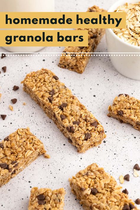 The Best Homemade Healthy Granola Bars! These healthy granola bars are refined sugar free, easy to make & delicious- a perfect healthy snack! Kids will love these! Naturally sweetened with honey and coconut sugar and sprinkled with mini chocolate chips. All Natural Snacks Clean Eating, Healthy Granola Bars Homemade, Granola Bars Homemade Healthy, Soft Granola Bar Recipe, Homemade Healthy Granola Bars, Low Sugar Granola Bars, Granola Bars Homemade, Healthy Granola Bar Recipe, Sugar Free Granola Bars