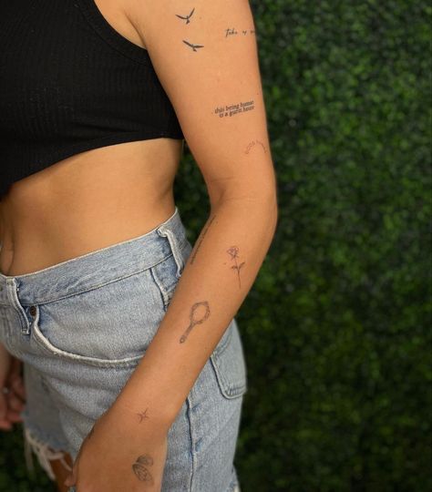 Tiny Tattoo Arm Sleeve, Dainty Arm Sleeve Tattoo, Small Tattoo On Arm, Stay Tattoo, Sentence Tattoo, Line Tattoo Arm, Dr Tattoo, Tattoo Placement Arm, Lettering Tattoos