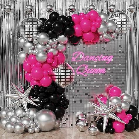 Enanal Disco Balloon Garland Arch Kit, Hot Pink Black Chrome Silver Balloon with Disco Ball Exploding Star Foil Balloons for Disco Bachelorette Party Princess Birthday 8090 Themed Party Decor (Disco) Pink Black And Silver Party Decor, Disco Balloon Garland, Exploding Star, Disco Bachelorette Party, Black Party Decorations, Big 30, Disco Bachelorette, 21st Bday Ideas, 30 Birthday