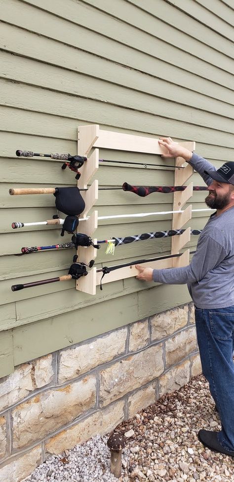 Diy Fishing Pole, Diy Fishing Rod Holder, Fishing Pole Storage, Diy Fishing Rod, Fishing Rod Stand, Rafter Square, Fishing Pole Holder, Fishing Storage, Fishing Rod Rack