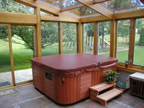 Sunroom With Hot Tub Ideas, Hot Tub Sunroom Ideas, Hot Tub Greenhouse Ideas, Basement Hot Tub Room, Hot Tub Screened In Porch, Hot Tub Rooms Enclosed, Greenhouse Hot Tub, Home Jacuzzi Indoor, Enclosed Hot Tub Ideas Backyard