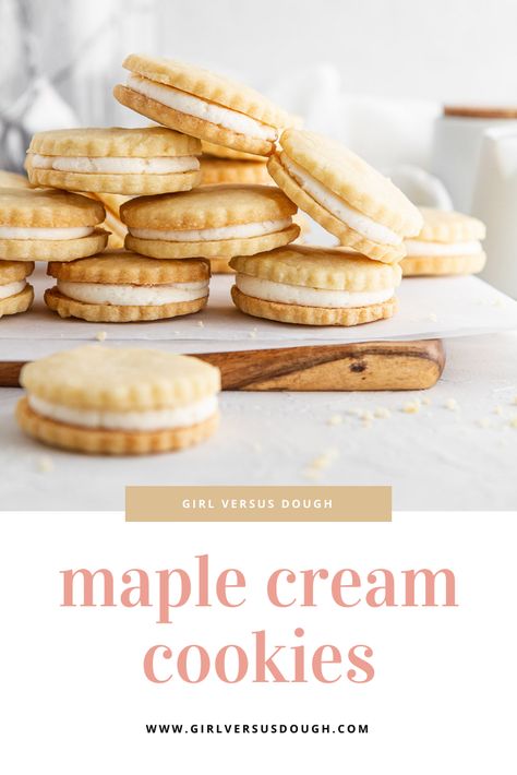 Crumbl Maple Cream Sandwich, Maple Cream Filled Cookies, Maple Cream Sandwich Cookies, Maple Cream Cookies, Maple Cookies With Maple Frosting, Easy Desserts Recipes, Maple Buttercream Frosting, Maple Desserts, Cream Filled Cookies