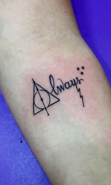 Discover the magic of these captivating Harry Potter tattoo designs! From iconic symbols like the lightning bolt scar to intricate Hogwarts-inspired artwork, these tattoos will transport you to the wizarding world. Explore these enchanting ink ideas and find inspiration for your next tattoo journey. Pin it to your Harry Potter board now! ⚡✨ #HarryPotterTattoos #WizardInk #TattooInspiration Cute Small Harry Potter Tattoos, Harry Potter Music Tattoo, Hair Potter Tattoos, Harry Potter Tattoos Wrist, 3 By 3 Tattoo Ideas, Tattoo Ideas For Harry Potter, Harry Potter Always Art, Harry Potter Mini Tattoo Ideas, Always Tattoo Harry Potter Small