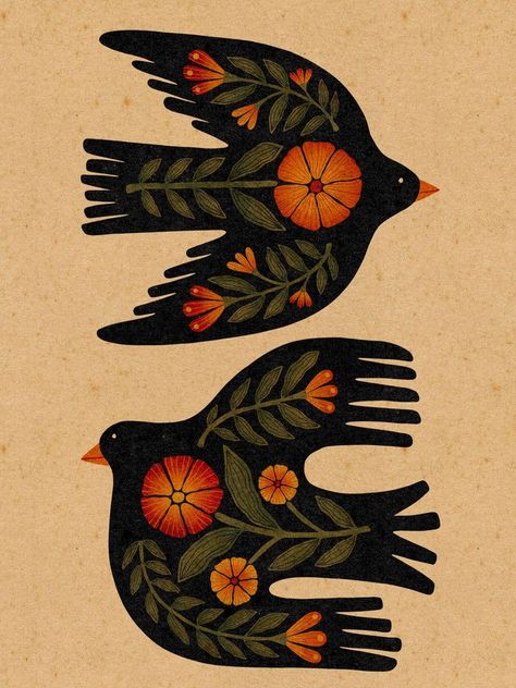 Olympic Mountain Birds Art Print Mid Century Folk Art, Joyce Howard Folk Art, Wild Woman Illustration, Primitive Art Folk, Southwestern Folk Art, Nature Art Print, Country Folk Art, Russian Folk Art Illustration, Christian Folk Art