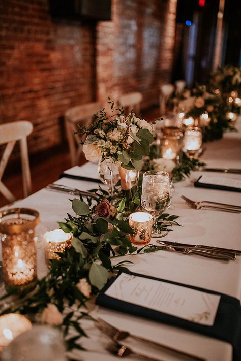 Long Wedding Tables With Greenery, Greenery Table Runner Round Table, Wedding Reception Greenery Decor, Greenery And Floral Centerpieces, Wood Runner Table Centerpieces, Wedding Flower Arrangements Table Runner, Rustic Rectangle Wedding Tables, Wedding Tables With Runners, Wedding Table Decor For Long Tables