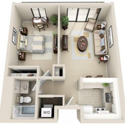 One Room Houses, Apartment Decorating For Couples, Studio Apartment Floor Plans, Condo Floor Plans, 1 Bedroom House Plans, Studio Floor Plans, Condo Interior Design, 3d Floor Plan, Tiny House Layout