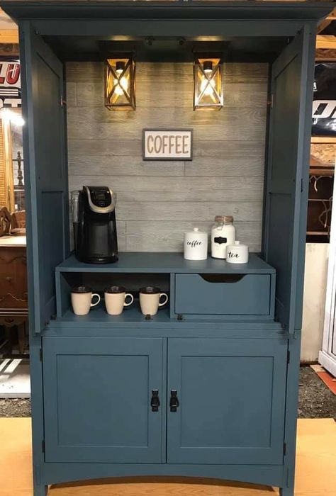 Coffee Bar From Armoire Coffee Bar In Armoire, Coffee Station Armoire, Armoire Repurpose Coffee Bar, Dark Blue Coffee Bar, Colorful Coffee Bar Ideas, Armoire To Coffee Bar, Coffee Bar From Armoire, Bar From Armoire, Coffee Armoire Ideas