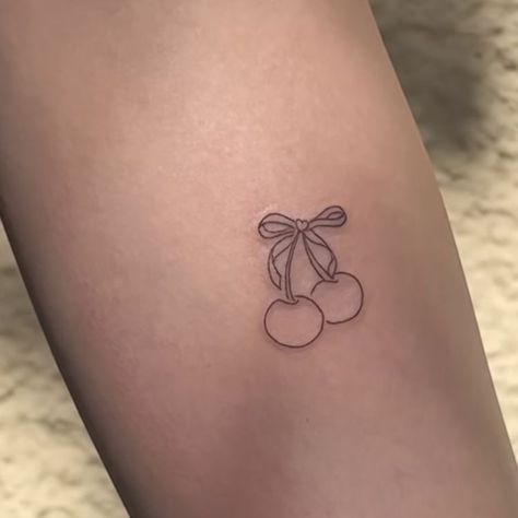 Cherry Ribbon Tattoo, Cherry Bow Tattoo, Croquette Tattoo, Bell Tattoo, Minimal Tattoo Designs, Cherry Tattoo, Minimal Tattoo Ideas, Cherub Tattoo, Small Girly Tattoos