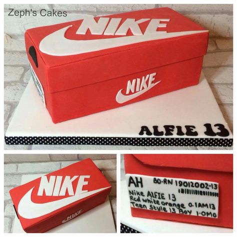 Nike Shoebox Cake, Nike Shoe Box Cake, Sneaker Cake Ideas, Shoebox Cake, Cake Decorating Simple, Nike Cake, Shoe Box Cake, Food Photography Cake, Shoe Cakes